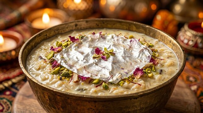 Kheer Rice Pudding in Copper Bowl with Silver Vark Leaf