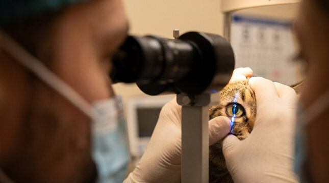 Veterinary ophthalmological examination in a cat