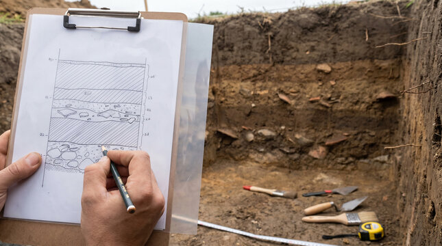 Archaeologist drawing soil stratigraphy profile diagram at excavation