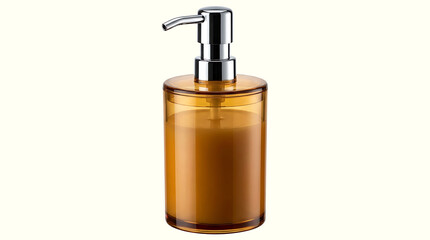 Naklejka premium A dispenser bottle with a silver pump mechanism, filled with amber-colored liquid, sits on a plain background