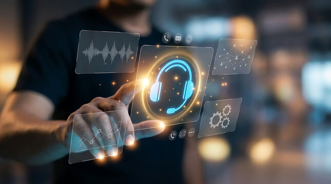 Business professional interacting with digital customer service support interface featuring glowing headset icons and data analytics graphs in a modern futuristic office environment