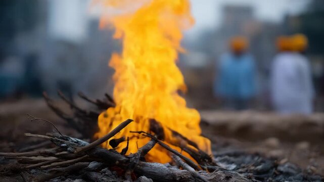 Hindu funeral ritual, fire ceremony, traditional cremation practice, cultural gathering, religious mourning, people in background, spiritual smoke and flames, solemn atmosphere, culture, tradition