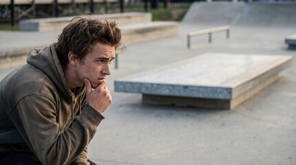 Obraz premium Thoughtful young man sitting alone at concrete skatepark