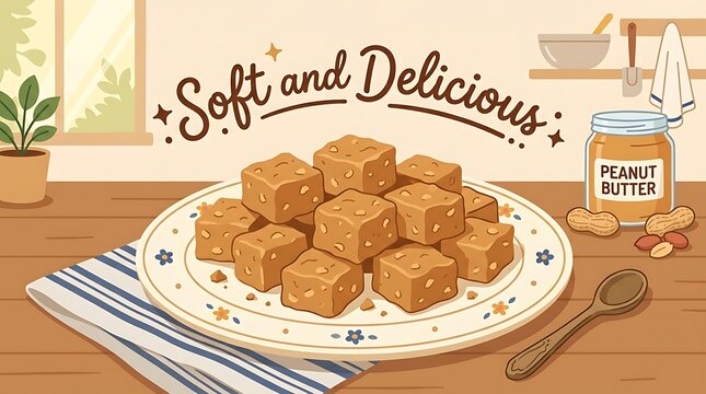 "Soft and Delicious" is written on a flat drawing of chunks of peanut butter fudge