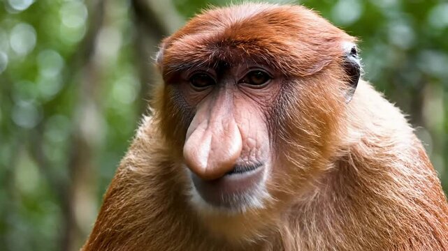 Close-Up Portrait Of A Proboscis Monkey In Its Natural Green Habitat Emphasizing Unique Facial Features And Expression