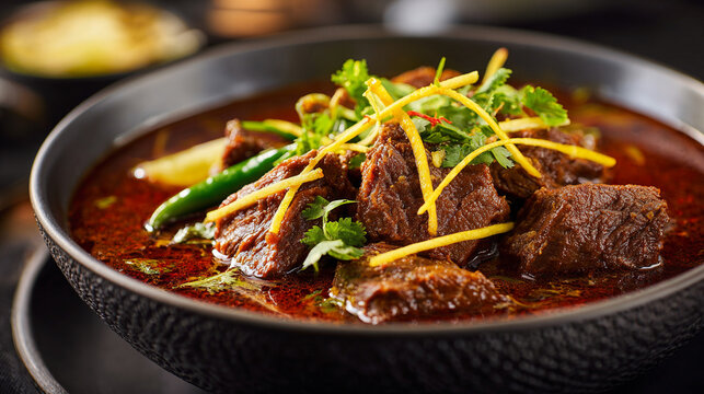 Delicious nihari, a traditional pakistani meat stew, served in a black bowl and garnished with fresh ginger juliennes and cilantro