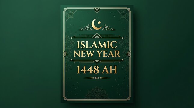 Minimal green and gold poster, text &ldquo;Islamic New Year 1448 AH&rdquo;