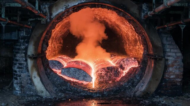 Medium shot inside glowing homogenizing furnace revealing intense heat and semimolten aluminum billets during thermal processing in a heavy industry setting