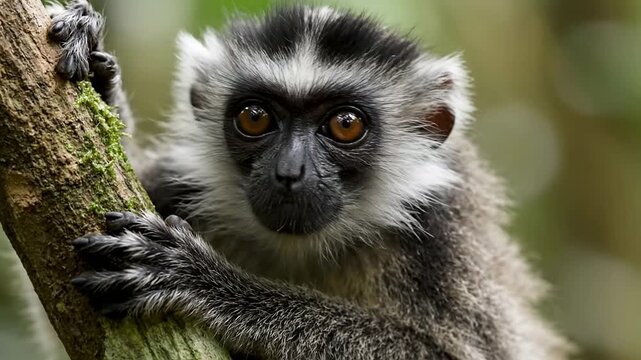 Close-Up View Of Young Monkey Perched On A Branch Showcasing Its Fluffy Fur And Curious Expression In A Lush Green Forest Background