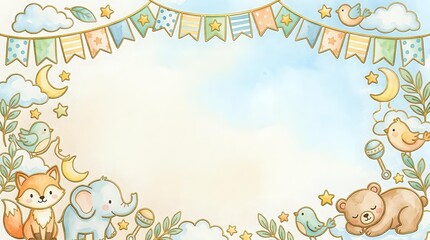 Fototapeta premium Cute woodland animals with bunting and stars frame isolated on white background, ready for nursery decor, baby shower invitations, greeting cards and children's design projects.