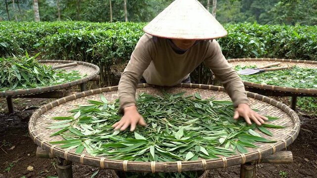 Dedicated Farmer Sorting Fresh Green Leaves On Bamboo Trays In Lush Agricultural Landscape Under Natural Sunlight