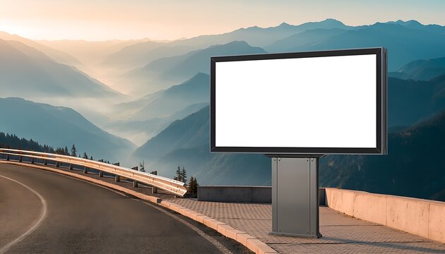 Blank billboard mockup on a mountain road at sunrise.
