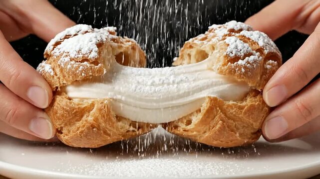 Delicate Hands Holding Cream-Filled Choux Pastry Dusting Powdered Sugar Close-Up on Dark Background