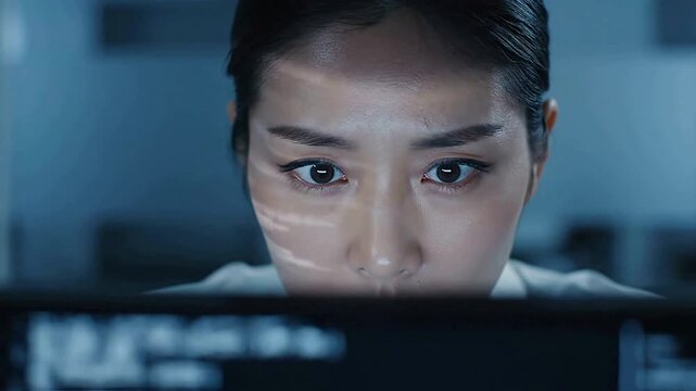 Asian woman attentively watches code on computer screen or focused programmer stares at monitor while working