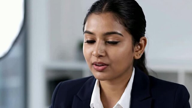Attractive indian businesswoman speaks during an interview in a bright office or Confident young professional answers questions during a corporate meeting