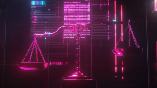 Scales of justice backlit by glowing pink data streams on a dark background