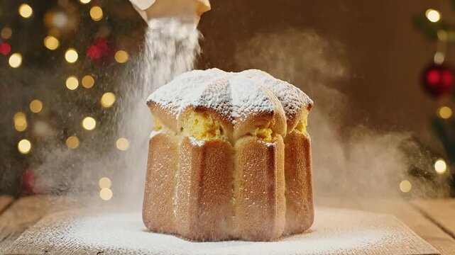 Delicious Cake Being Dusted with Powdered Sugar on a Cozy Holiday Background with Soft White Lights for a Festive Celebration