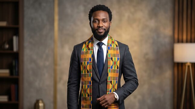 African american man in suit posing confidently with colorful kente stole during juneteenth celebration. concept of cultural identity, empowerment, heritage pride, formal events.