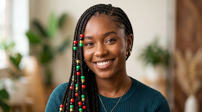Smiling african american woman with beaded braids in relaxed home setting, concept of confidence, cultural expression, everyday joy