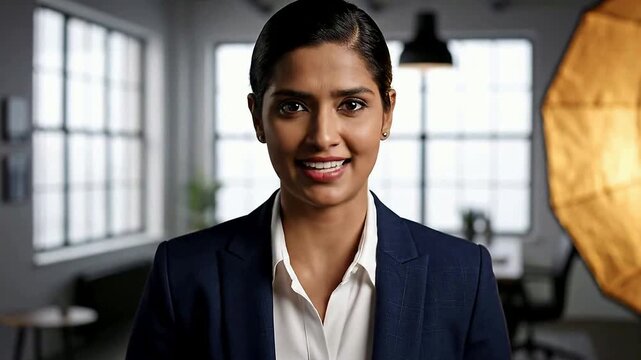 Confident woman presents information on camera in an office environment or Businesswoman speaks directly to the camera in a modern office setting