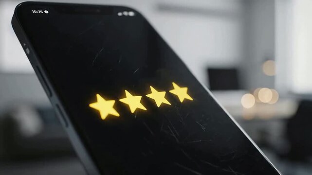 Customer reviews display on smartphone screen or Four star rating glowing on mobile phone