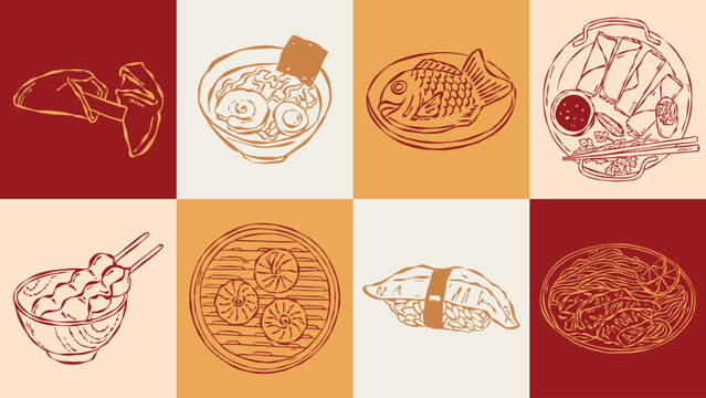 Asian food illustration set in retro red and orange palette. Gyoza, ramen, taiyaki, spring rolls, dango, dim sum, nigiri and noodles illustrations