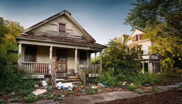 a dilapidated house with a front porch surrounded by overgrown vegetation and trash in a neglected neighborhood