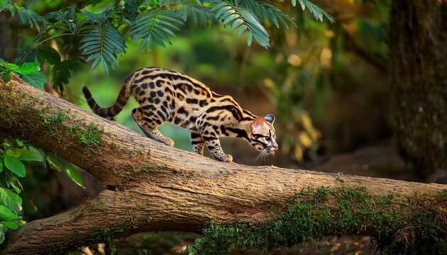 ocelot walking down a fallen tree in the rainforest