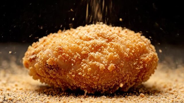 Closeup of sesame seeds falling onto a goldenbrown fried food item creating a delicious and crunchy coating