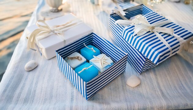 nautical beach wedding decoration featuring handmade soaps in blue and white these striped paper boxes offer original sailor style guest gifts and serve as unique party souvenirs for various