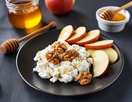 healthy snack of cottage cheese apple slices and walnuts on a dark plate with honey in the background