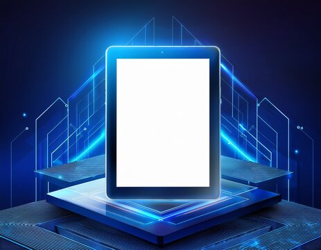 tablet mockup on vibrant 3d square platform with glowing neon blue geometric patterns and tech details