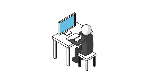 Isometric character working on desktop computer setup.