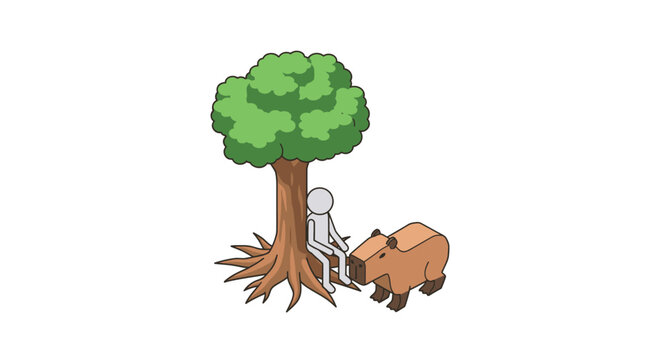 Whimsical cartoon figure sawing a large tree trunk.