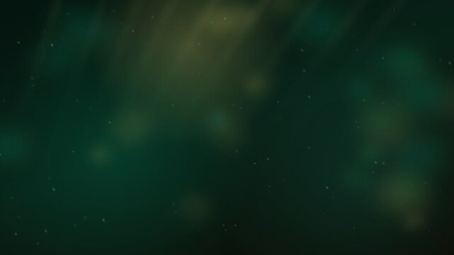 Dark green light rays with floating particles in soft focus