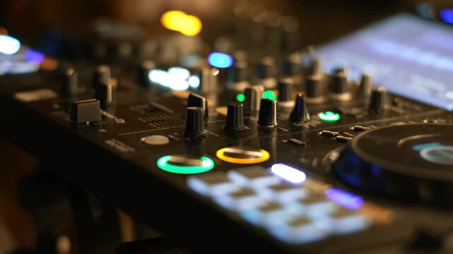 Detailed view of a dj mixer controller with illuminated knobs faders and glowing jog wheel rings in green and orange under moody nightclub lighting
