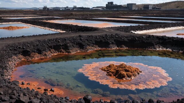 Medium shot of solution ponds in a bioleaching copper operation highlighting largescale bacterial leaching with sunlight reflecting on the liquid surface
