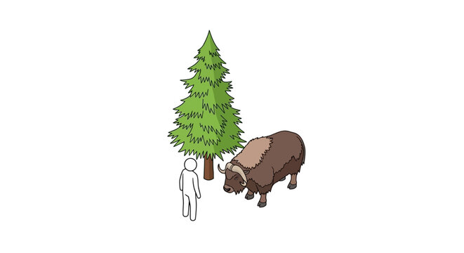 Cute cartoon bison standing near green pine tree illustration.