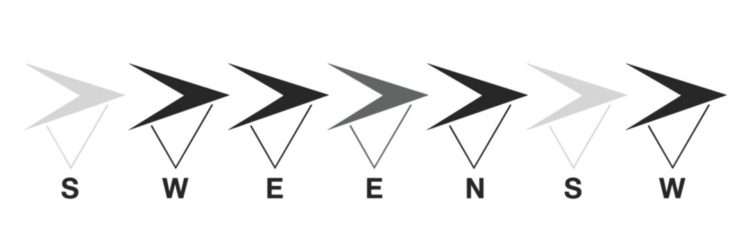 Seven directional arrows in shades of gray and black with letters s w e n s w north south east