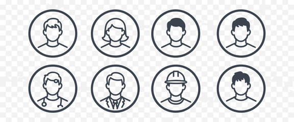 Fototapeta premium Eight circular depicting diverse professions and genders in simple line style profile avatar person woman