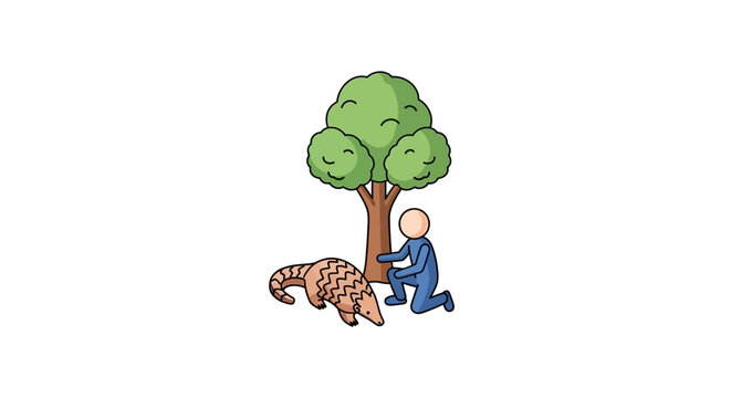 Illustration of man hugging large tree with friendly tiger nearby.