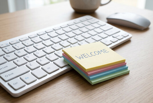 Welcome message on sticky note next to computer keyboard