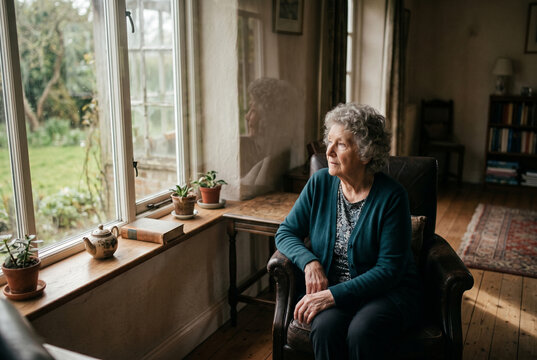 Senior woman gazing thoughtfully out of living room window