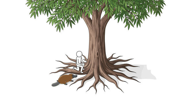 Person reading book under large tree roots illustration.