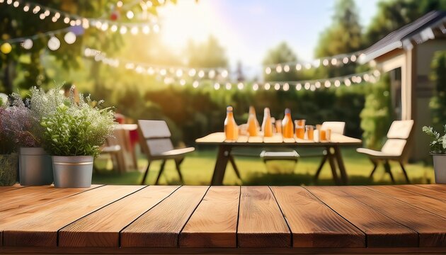 summer time party in backyard with empty wooden table and blurred background