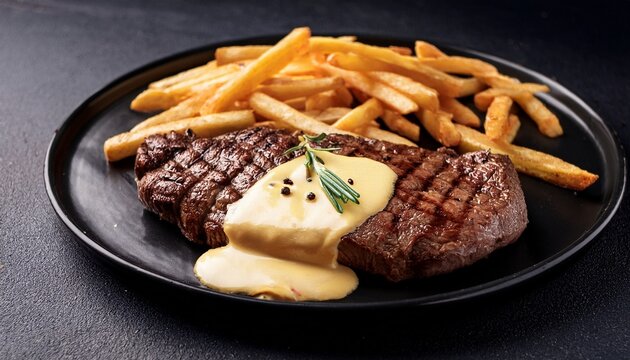 grilled rump steak with fries and cheese sauce on black plate