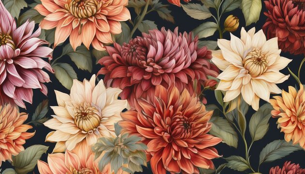 vintage watercolor floral seamless pattern with dahlia flowers on dark background