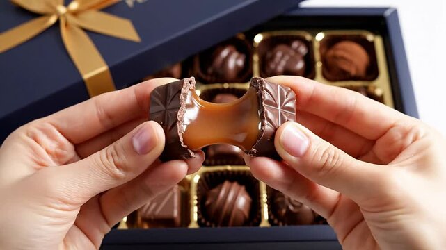 Elegant Close-Up View Of Hands Holding Gourmet Chocolates From An Exquisite Gift Box With Luxurious Varieties On Display