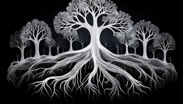 x ray representation of a forest highlighting intricate white root systems against a black background showcasing biodiversity and ecosystem roles