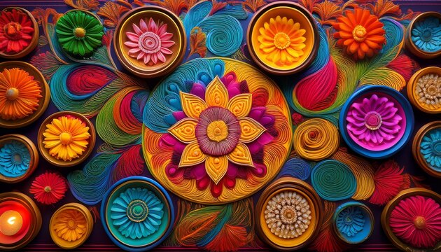vibrant patterns in deepavali decor featuring colorful flowers and geometric designs